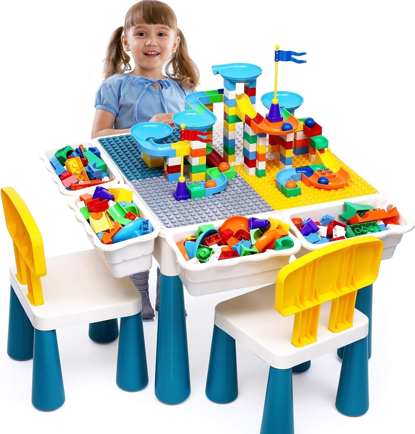 Kids Activity Table with Marble Run Building Blocks - STEM Toys for Boys & Girls, Ages 3-6 - Includes Chairs, Water Table, and Sand Table - 152Pcs Blocks