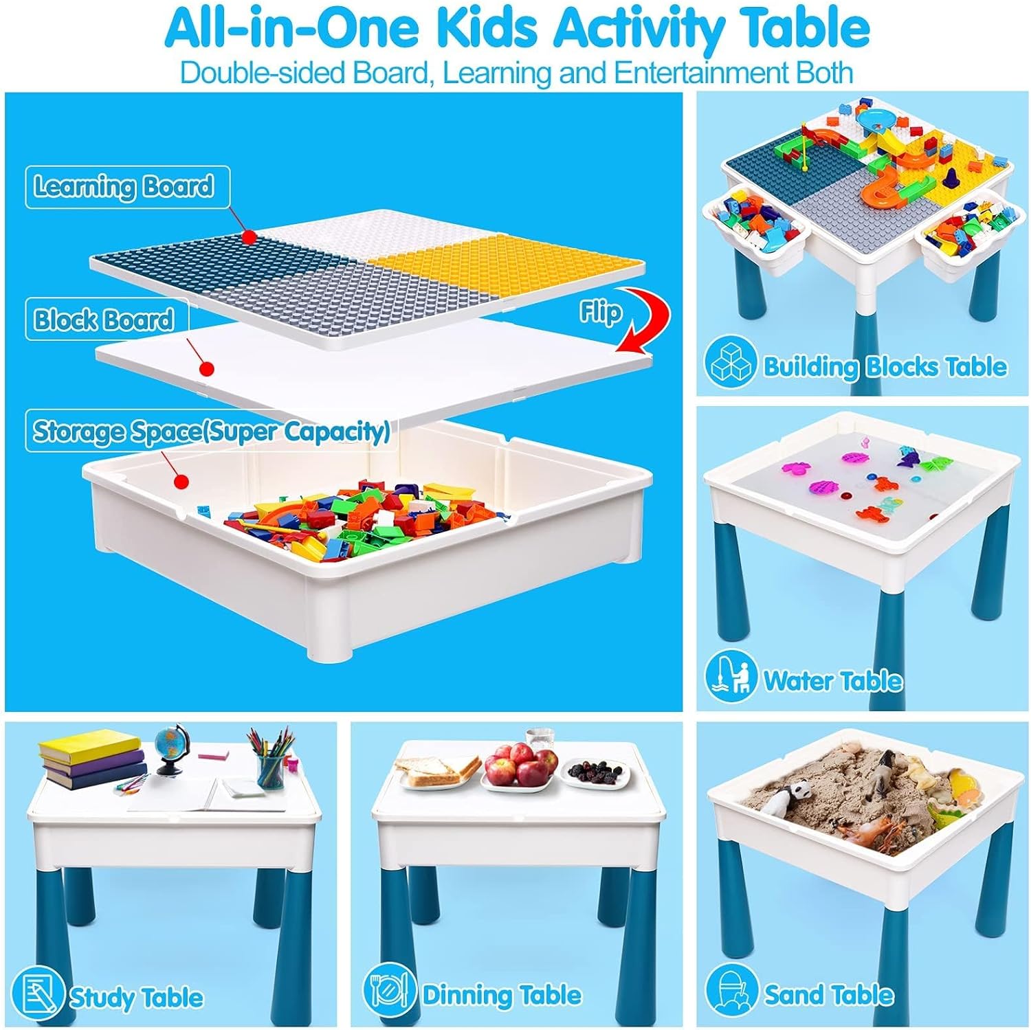 Kids Activity Table with Marble Run Building Blocks - STEM Toys for Boys & Girls, Ages 3-6 - Includes Chairs, Water Table, and Sand Table - 152Pcs Blocks