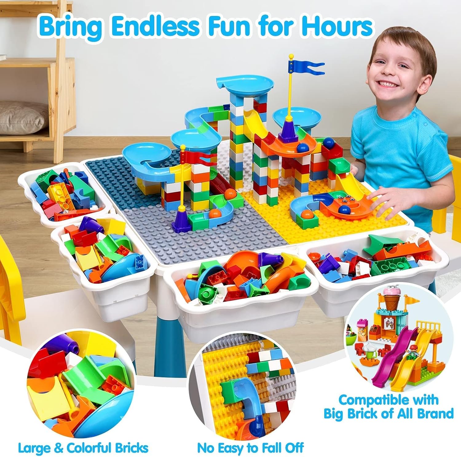 Kids Activity Table with Marble Run Building Blocks - STEM Toys for Boys & Girls, Ages 3-6 - Includes Chairs, Water Table, and Sand Table - 152Pcs Blocks