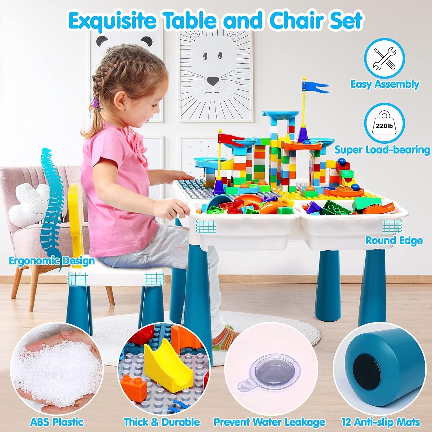 Kids Activity Table with Marble Run Building Blocks - STEM Toys for Boys & Girls, Ages 3-6 - Includes Chairs, Water Table, and Sand Table - 152Pcs Blocks