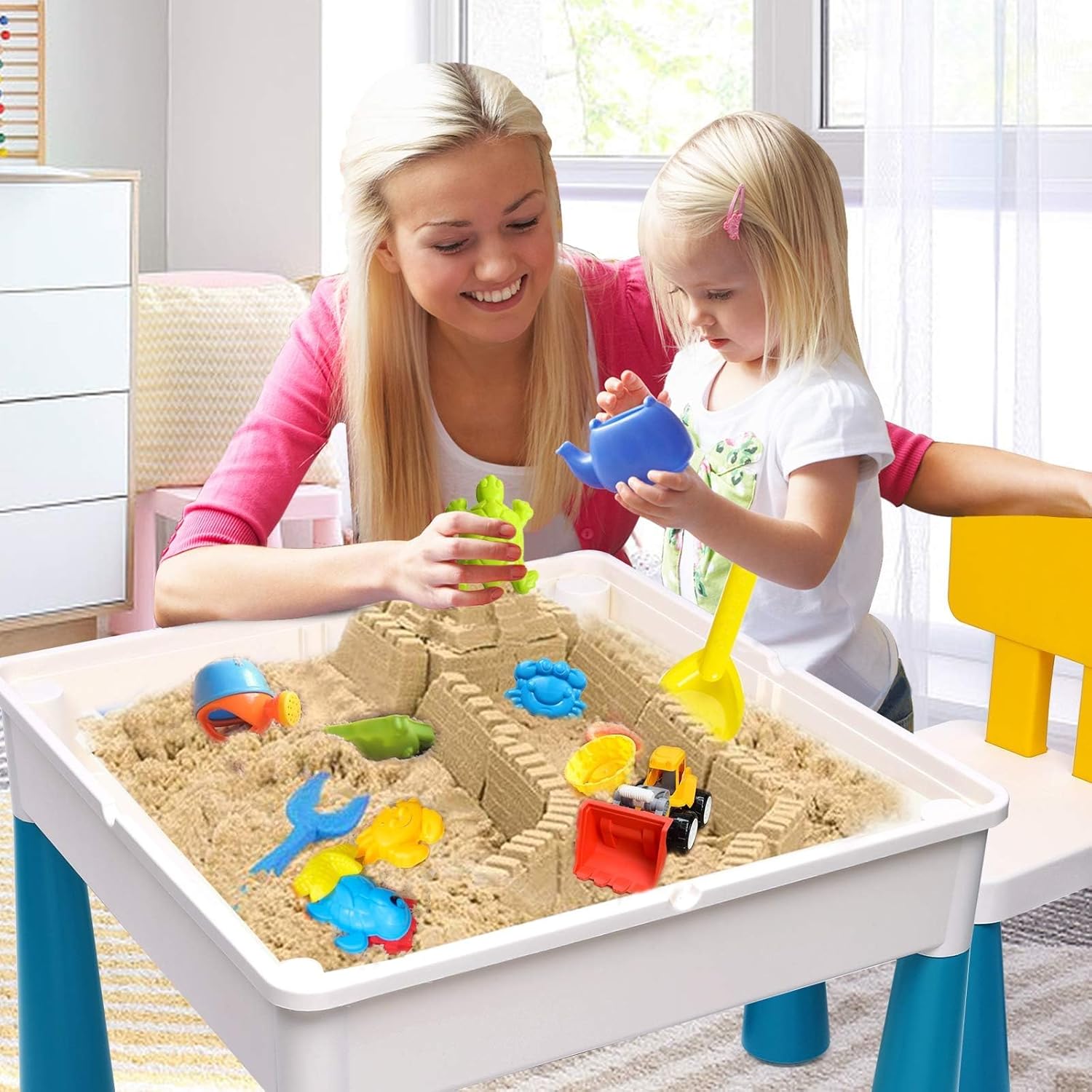 Kids Activity Table with Marble Run Building Blocks - STEM Toys for Boys & Girls, Ages 3-6 - Includes Chairs, Water Table, and Sand Table - 152Pcs Blocks