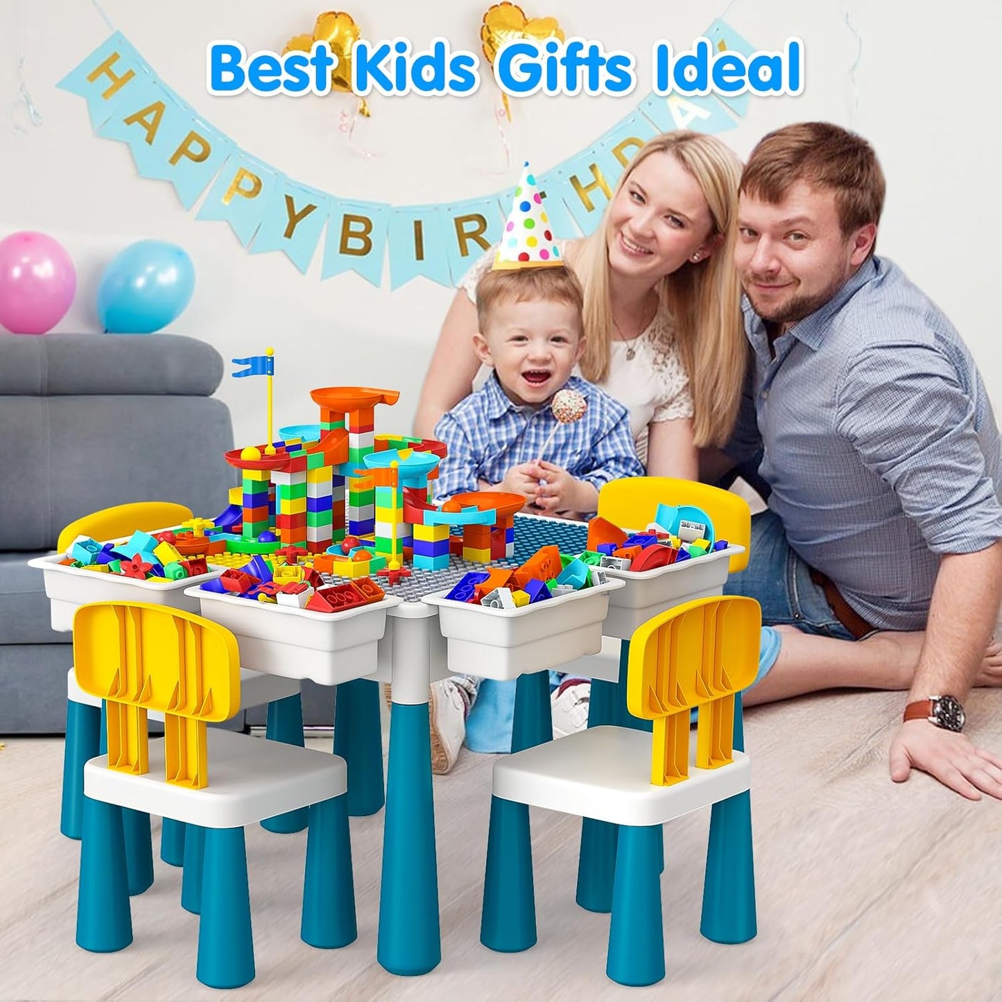 Kids Activity Table with Marble Run Building Blocks - STEM Toys for Boys & Girls, Ages 3-6 - Includes Chairs, Water Table, and Sand Table - 152Pcs Blocks