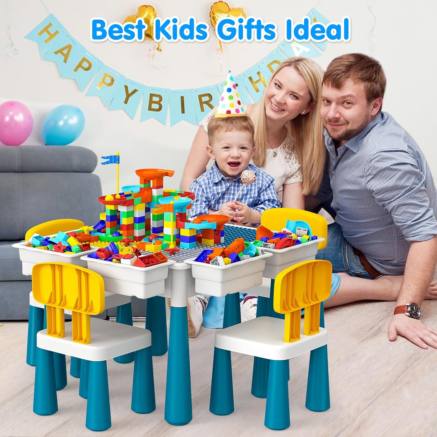 Kids Activity Table with Marble Run Building Blocks - STEM Toys for Boys & Girls, Ages 3-6 - Includes Chairs, Water Table, and Sand Table - 152Pcs Blocks