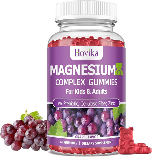 Kids & Adults Magnesium Gummies with Prebiotic & Zinc - Vegan Grape Flavor - 60 Count - Nerve, Bone, & Muscle Health Support