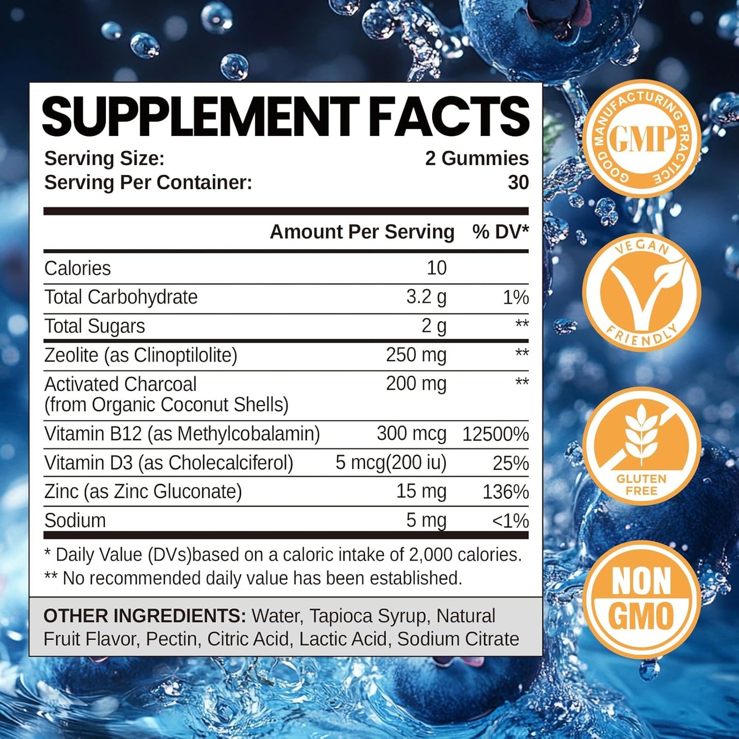 Kids & Adults Zeolite Detox Gummies with Vitamin B12 & D3 - Heavy Metal Detox & Gut Health - Blueberry Flavor - 60 Ct