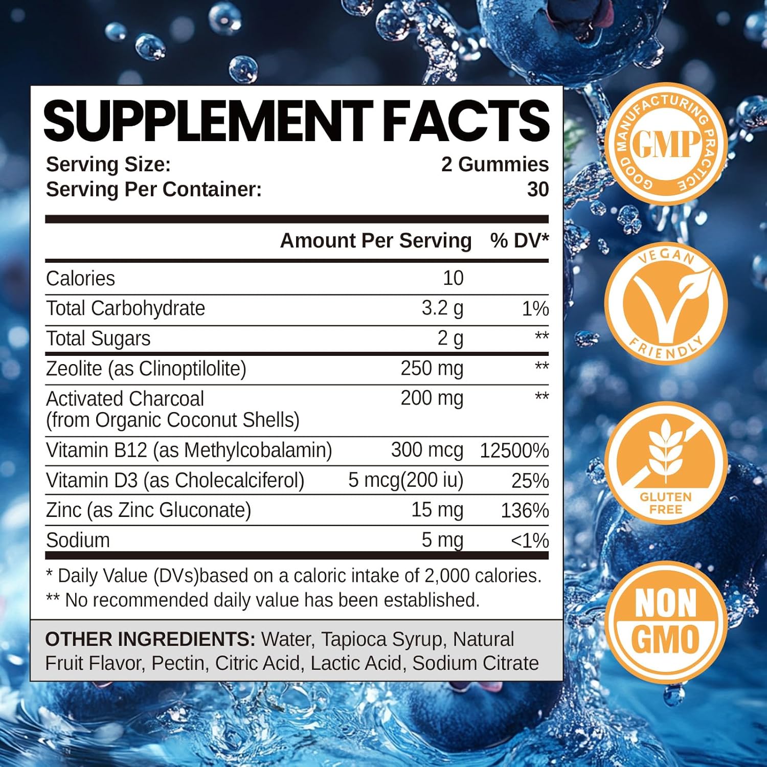 Kids & Adults Zeolite Detox Gummies with Vitamin B12 & D3 - Heavy Metal Detox & Gut Health - Blueberry Flavor - 60 Ct