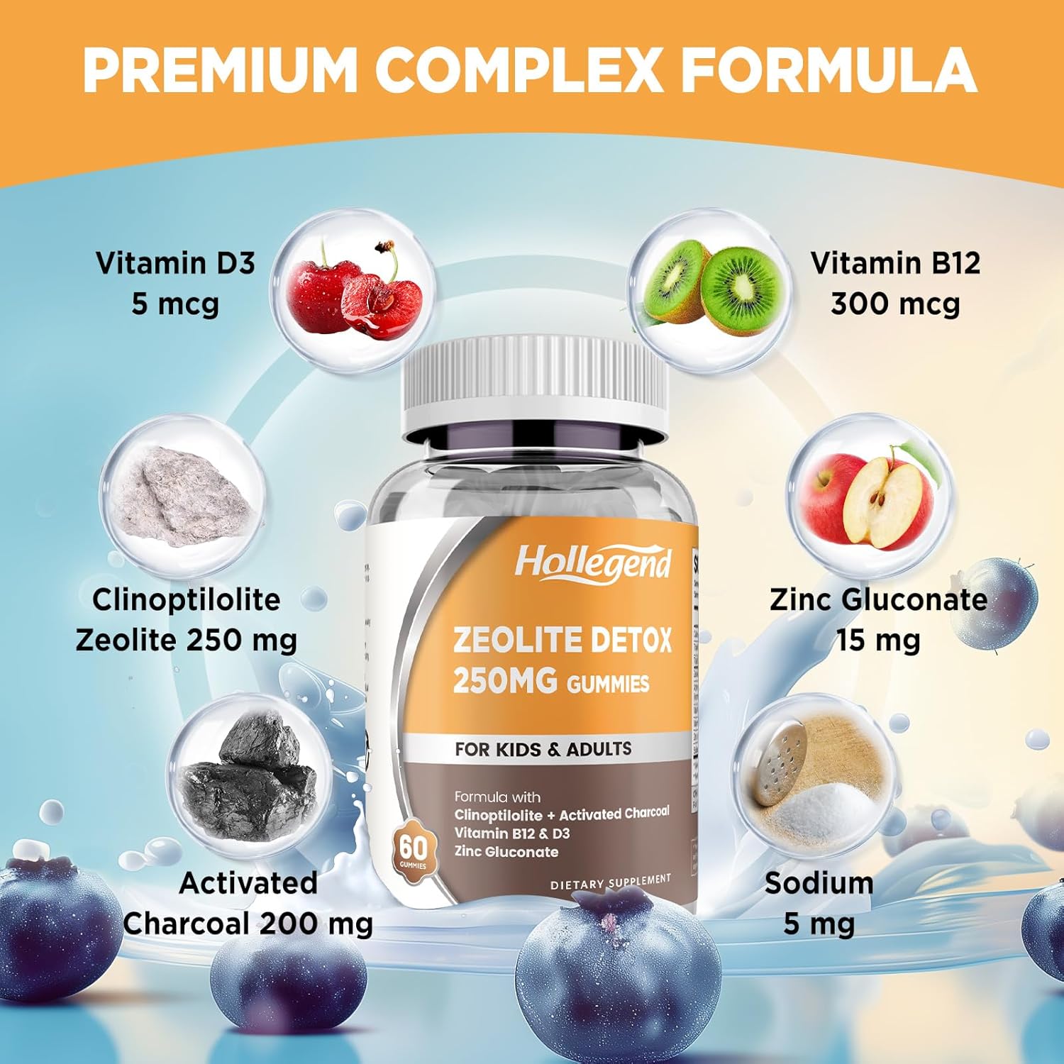 Kids & Adults Zeolite Detox Gummies with Vitamin B12 & D3 - Heavy Metal Detox & Gut Health - Blueberry Flavor - 60 Ct