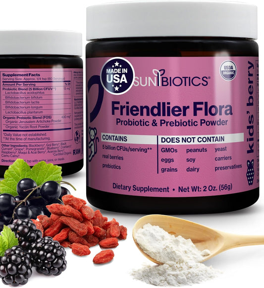 Kids Berry Probiotic & Prebiotic Powder Supplement - 5 Billion CFUs, 5 Strains - Gut & Immune Support - 2oz