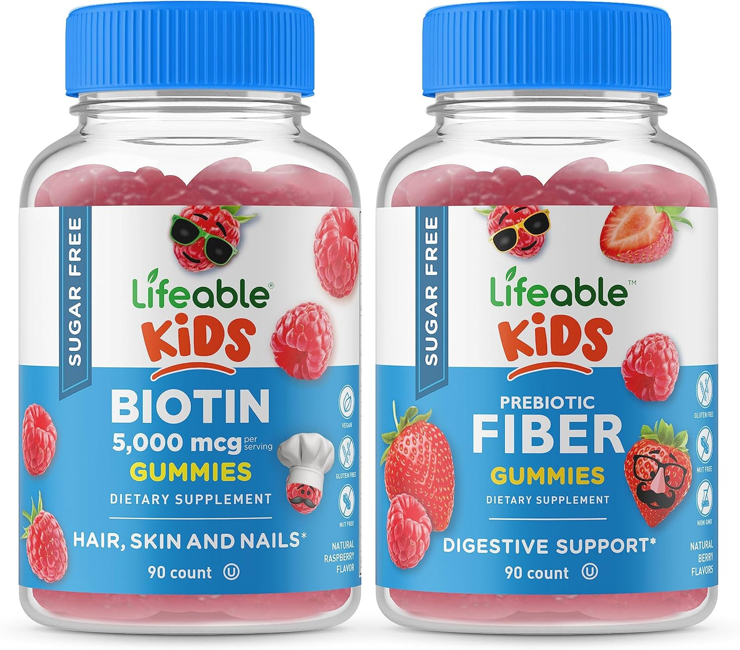 Kid's Biotin and Prebiotic Fiber Gummies Bundle - Sugar-Free, Vitamin Supplement, Gluten-Free, Chewable Gummy