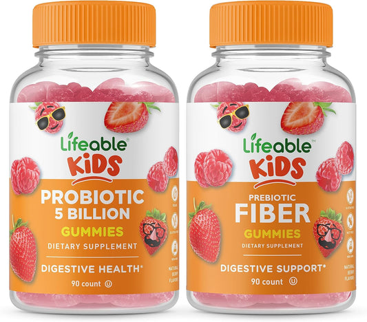 Kids Bundle: Lifeable Probiotics 5 Billion + Prebiotic Fiber Gummies - Vitamin Supplement, Gluten Free, Chewable
