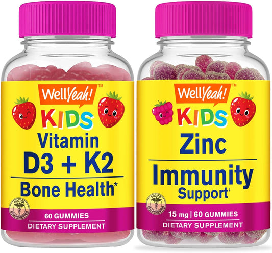 Kids Bundle: Vitamin D3+K2 + Zinc Gummies, 15mg - Gluten & GMO Free Chewable Supplements