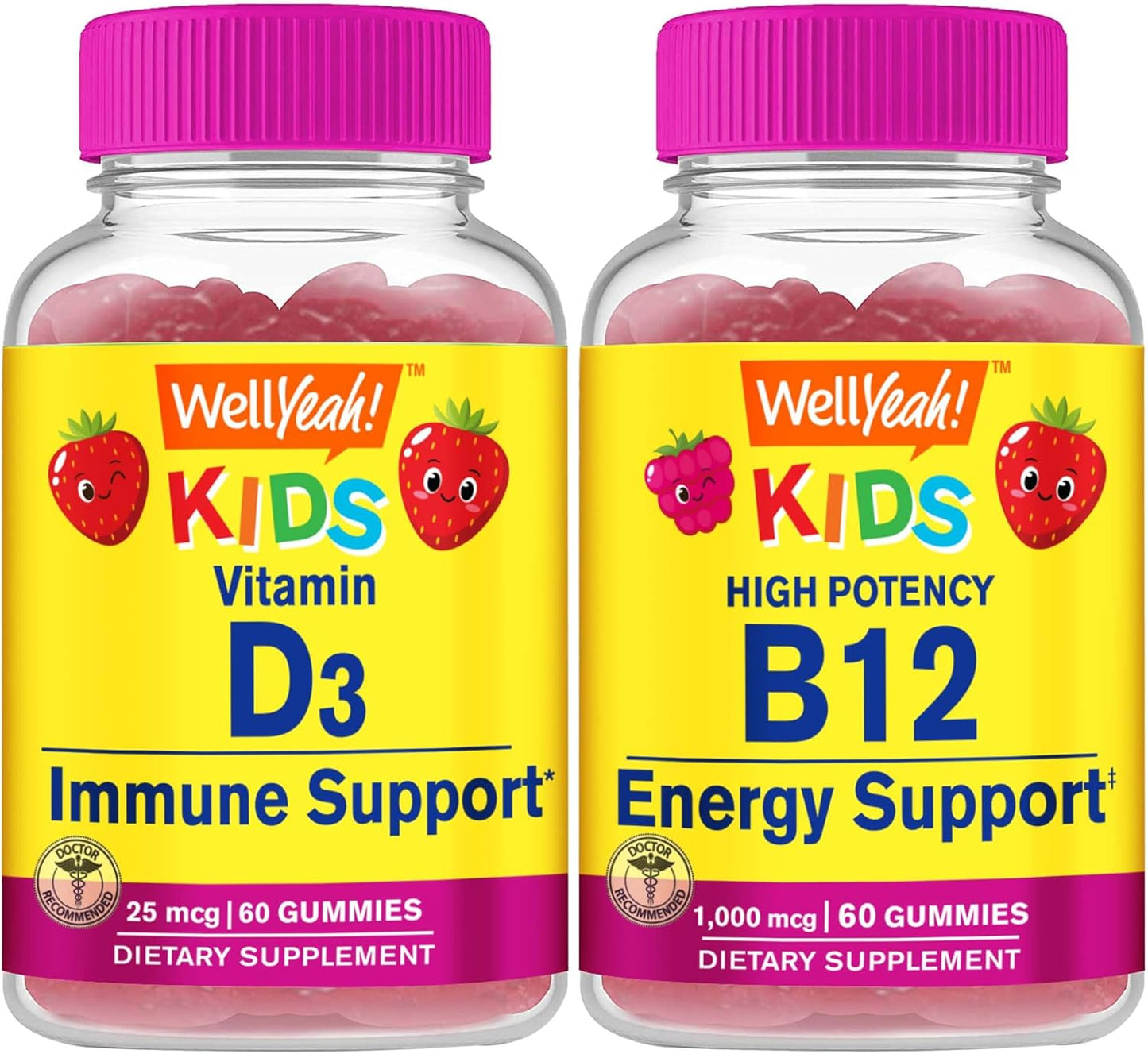 Kids Bundle: WellYeah Vitamin D3 + B12 Gummies - Gluten & GMO Free Vitamin Supplement for Children - Chewable & Great Tasting
