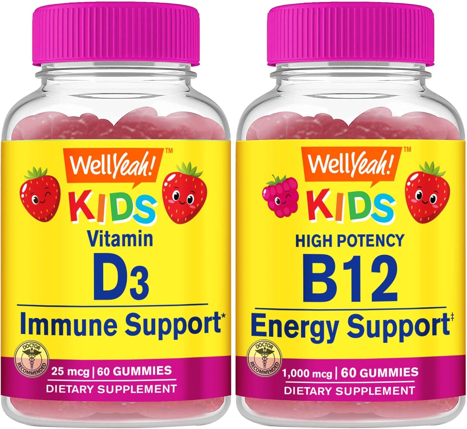 Kids Bundle: WellYeah Vitamin D3 + B12 Gummies - Gluten & GMO Free Vitamin Supplement for Children - Chewable & Great Tasting