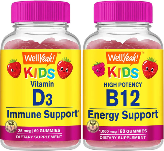 Kids Bundle: WellYeah Vitamin D3 + B12 Gummies - Gluten & GMO Free Vitamin Supplement for Children - Chewable & Great Tasting