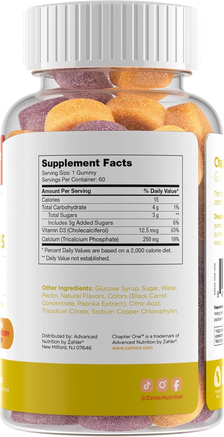 Kid's Calcium Gummies with Vitamin D3 - Non-GMO Gluten Free 250mg Calcium Supplement - For Strong Bones & Teeth in Children - 60 Count