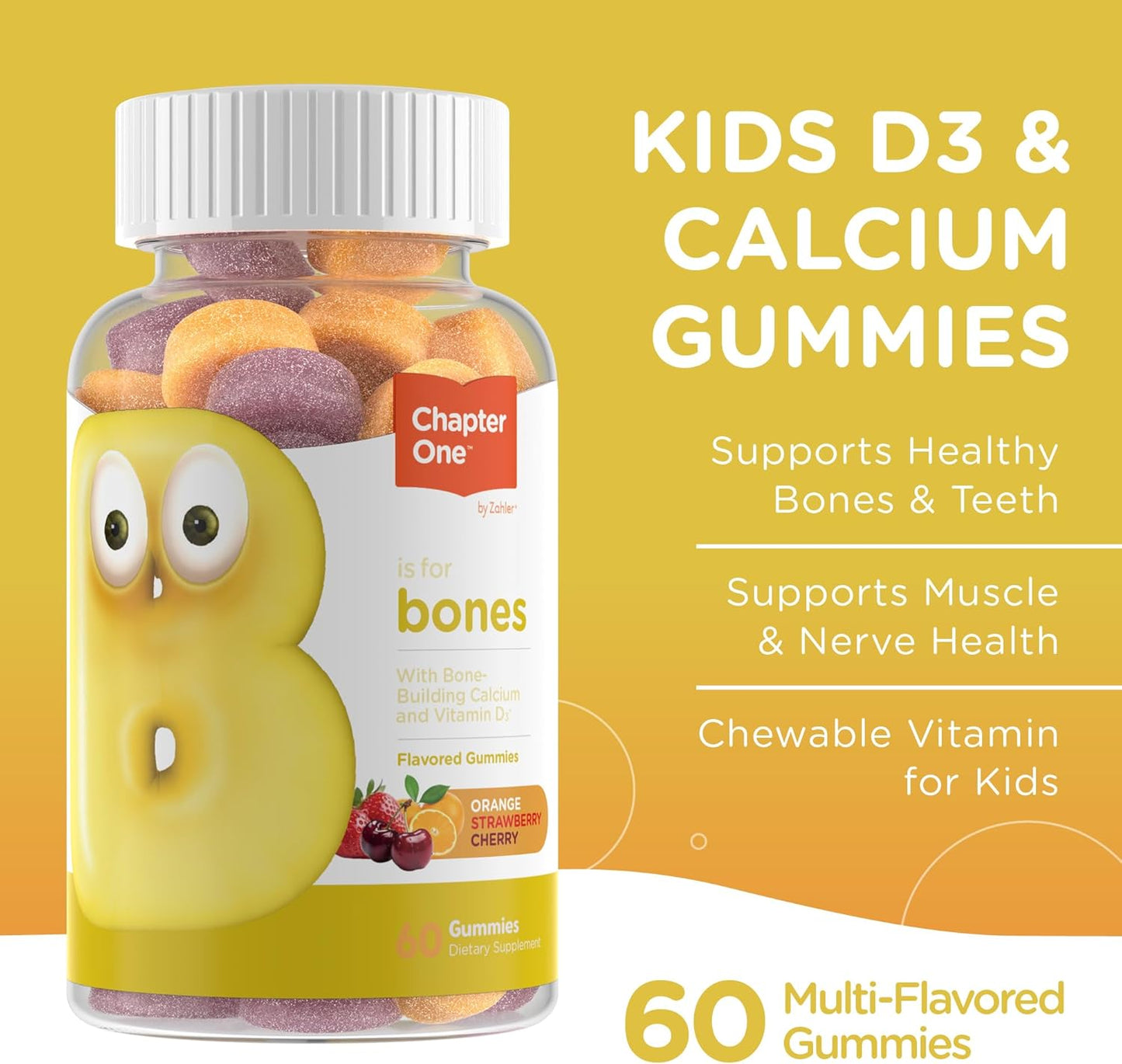 Kid's Calcium Gummies with Vitamin D3 - Non-GMO Gluten Free 250mg Calcium Supplement - For Strong Bones & Teeth in Children - 60 Count