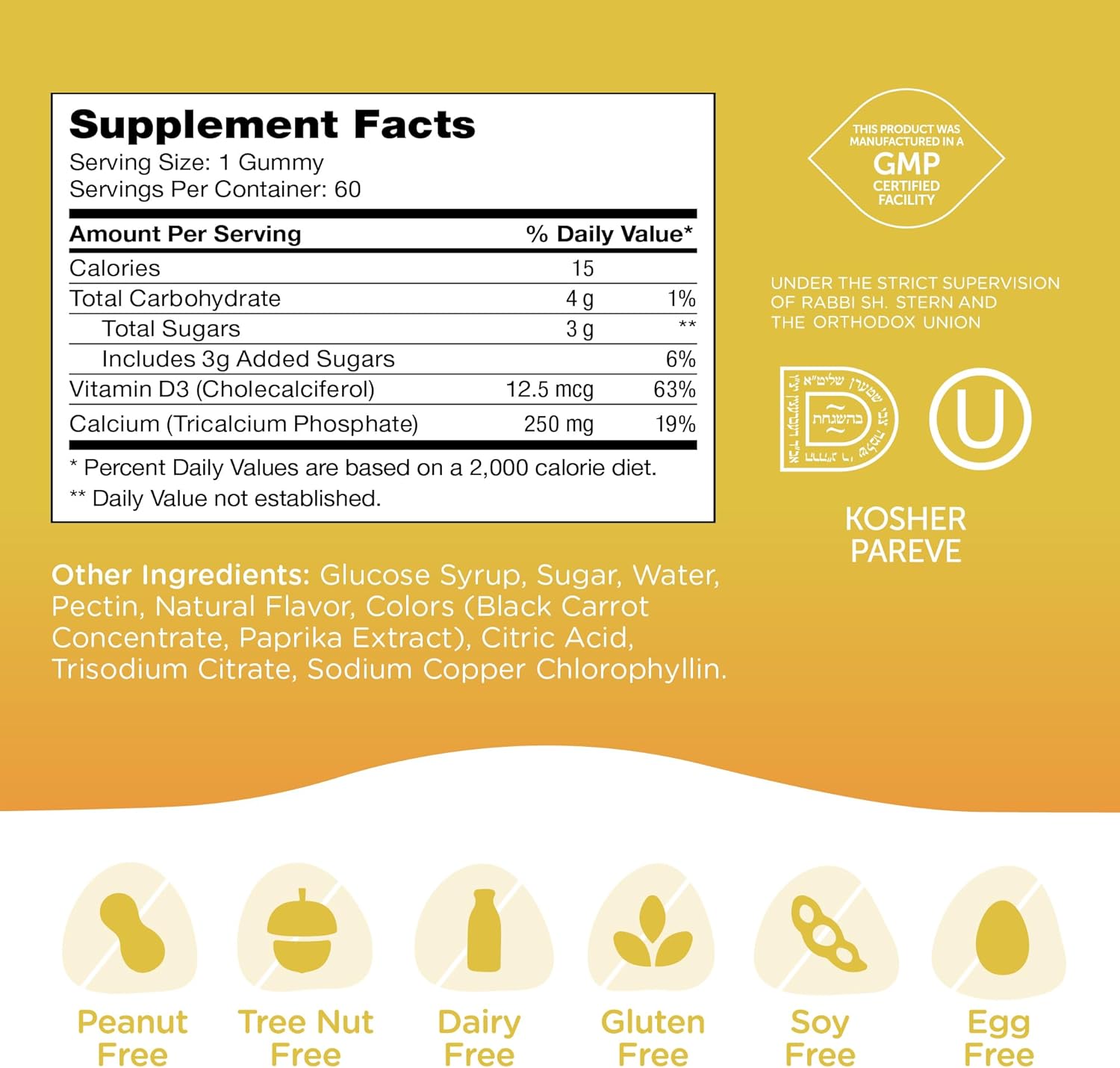 Kid's Calcium Gummies with Vitamin D3 - Non-GMO Gluten Free 250mg Calcium Supplement - For Strong Bones & Teeth in Children - 60 Count