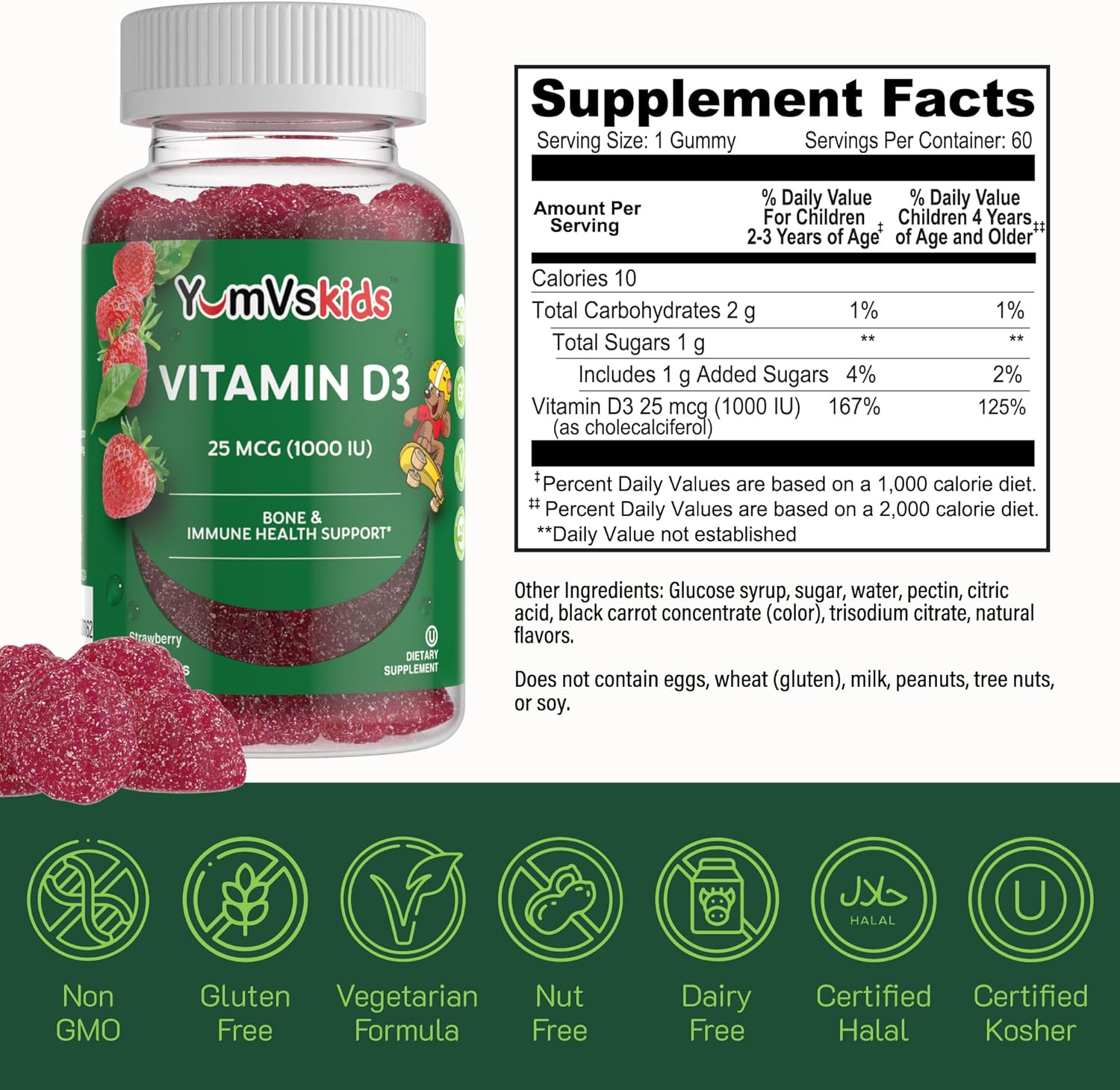 Kids Chewable Vitamin D3 Gummies - 1000 IU - Children's Dietary Supplement for Bone Health & Immune Support - 60 Count - BoostGo Australia