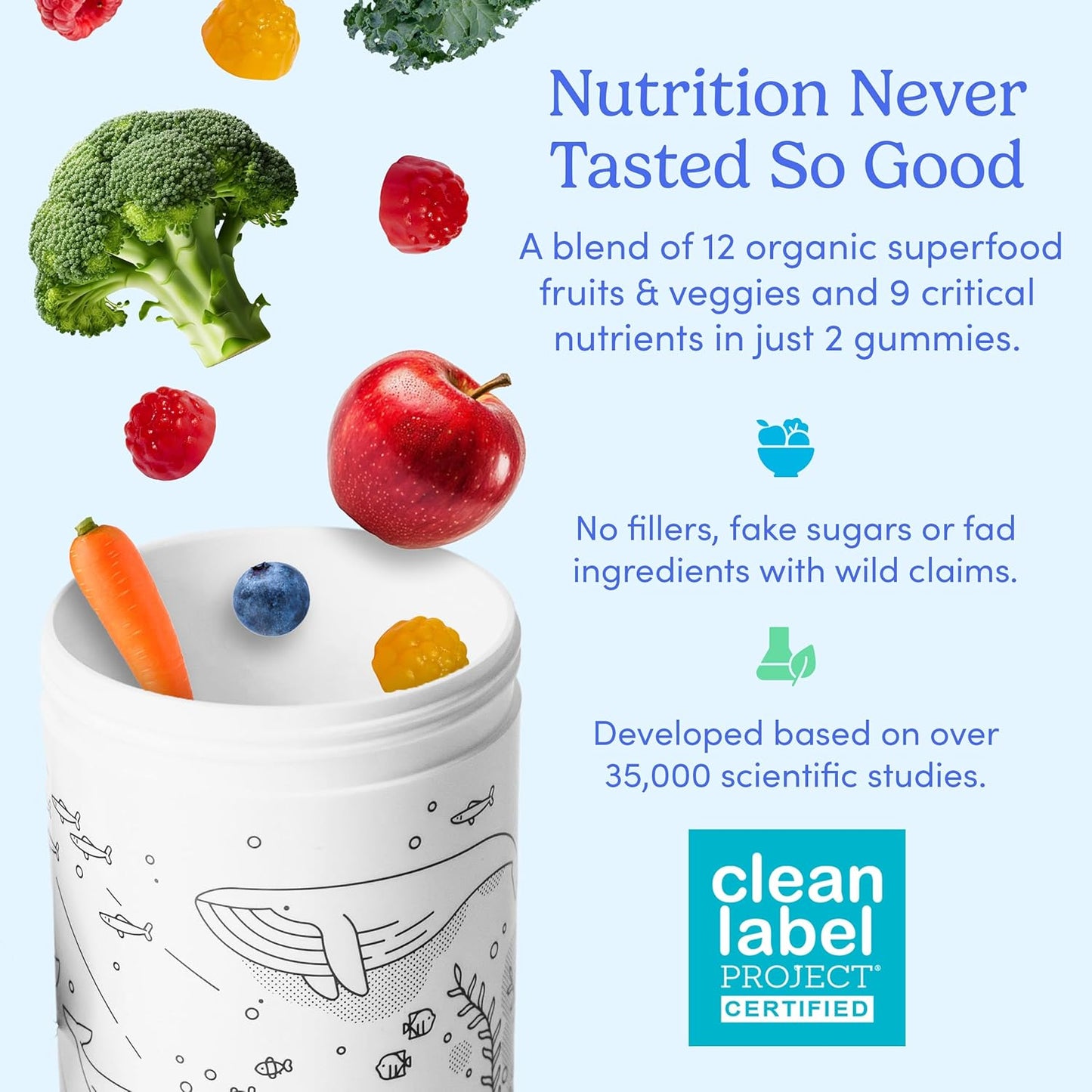 Kids Essential Multivitamin Gummies with Vitamin A, D3, B6, B12, C, K2 & More - Organic Fruits, Veggies for Growth, Brain, Immunity - Natural Strawberry & Orange Flavor, Low Sugar - 120-Day Supply of FIRST DAY