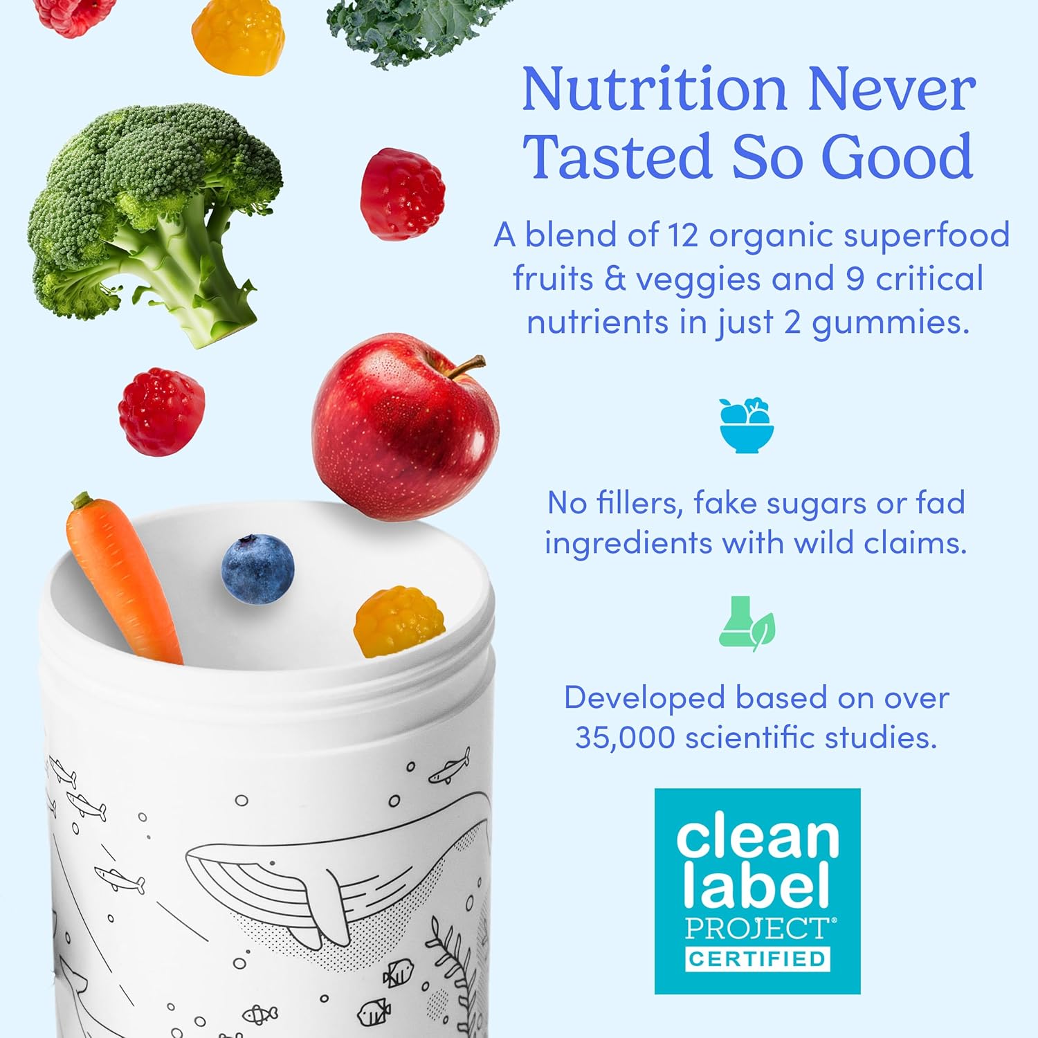 Kids Essential Multivitamin Gummies with Vitamin A, D3, B6, B12, C, K2 & More - Organic Fruits, Veggies for Growth, Brain, Immunity - Natural Strawberry & Orange Flavor, Low Sugar - 120-Day Supply of FIRST DAY