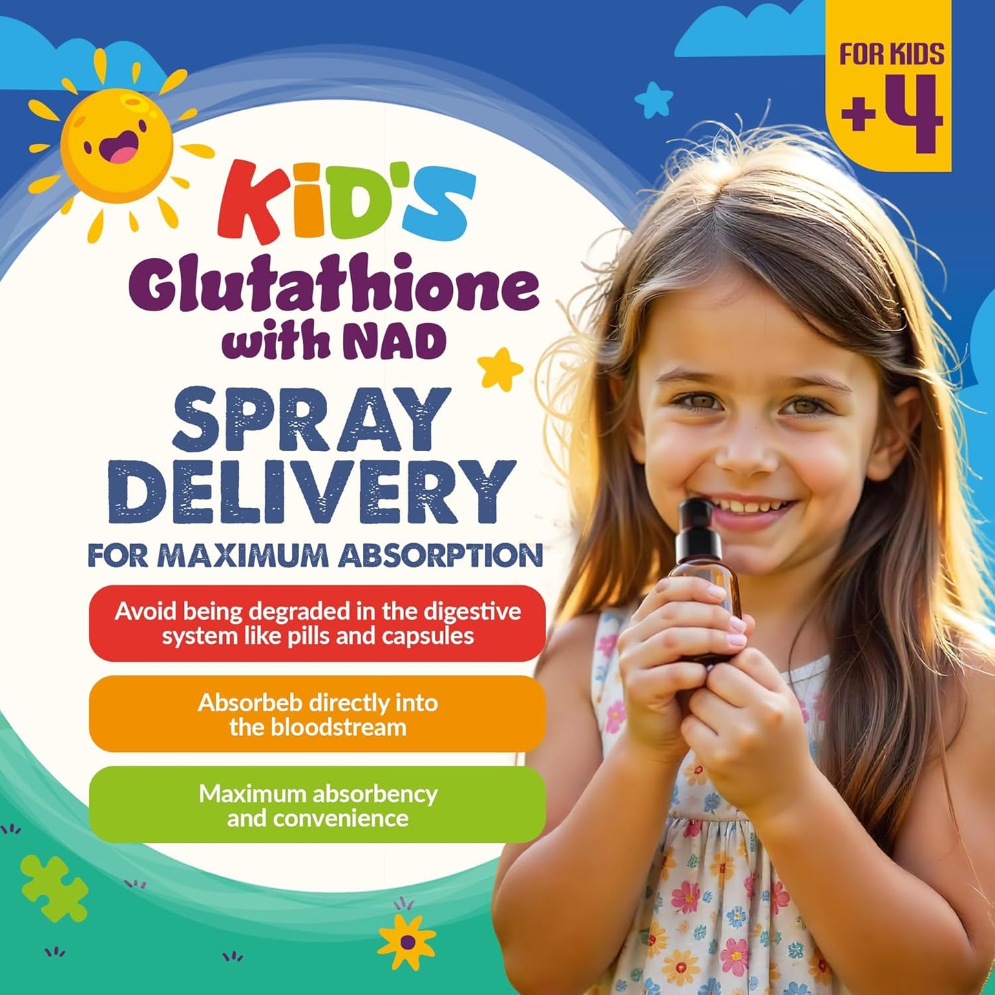 Kid's Glutathione with NAD Spray - 60 Servings for Immune Support, Energy Boost, & Brain Health