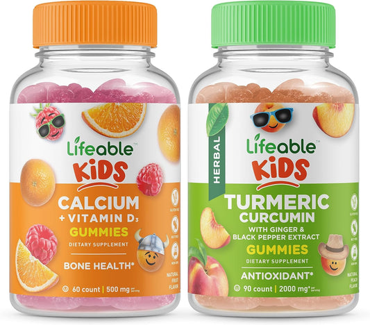 Kids Gummies Bundle: Calcium with Vitamin D and Turmeric Curcumin - Tasty Vitamin Supplement, Gluten & GMO Free