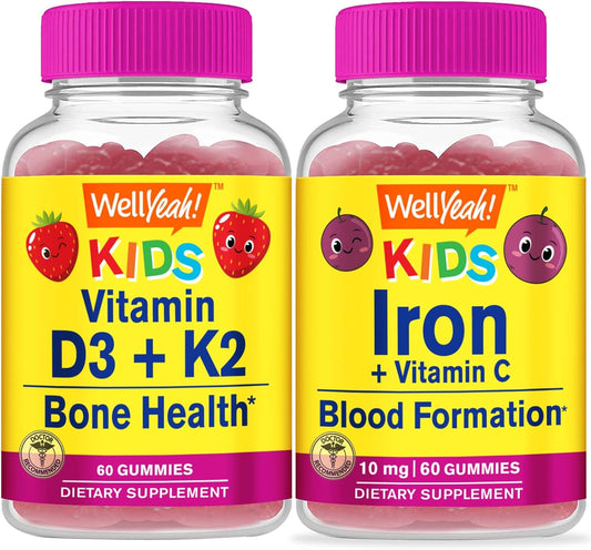 Kids Gummies Bundle with Vitamin D3, K2, Iron, and Vitamin C - Gluten Free, GMO Free, Chewable Gummy Supplement for Children