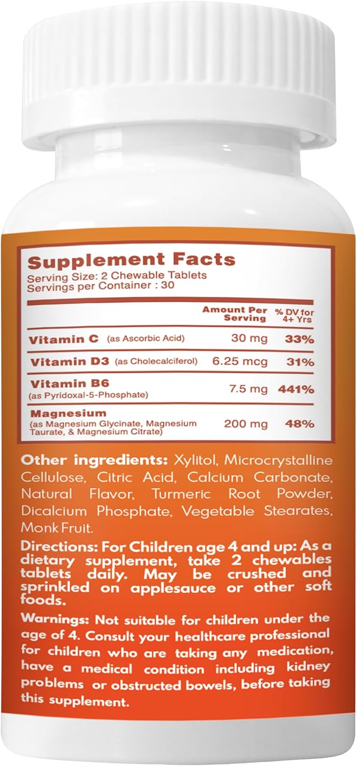 Kid's High-Absorption Magnesium Chewable Tablets with Vitamin B6, D & C for Calm, Relaxation, and Focus - Non-GMO & Sugar-Free