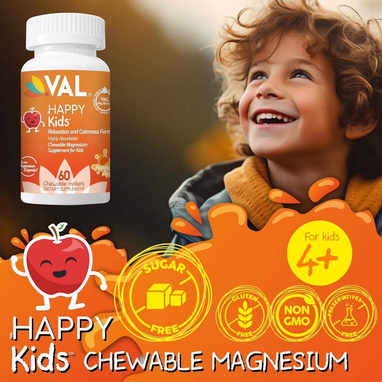 Kids High-Absorption Magnesium Supplement with Vitamin B6, D & C - Chewable Tablets for Calm, Relaxation, and Focus - Non-GMO & Sugar-Free - Magnesium Glycinate, Citrate, and Taurate - 60 Count