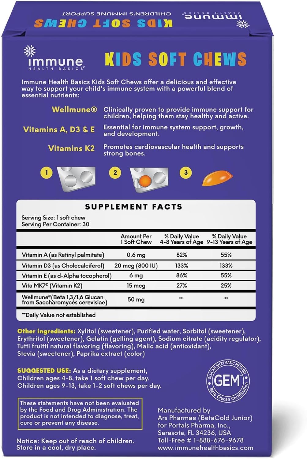 Kids Immune Support Soft Chews with Wellmune® for Daily Wellness - Tutti-Frutti Flavor, 30 Chews