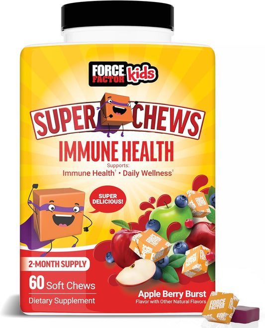 Kids Immune Support Super Chews with Vitamin D, Elderberry, Vitamin C & Zinc - 2 Month Supply, Non-GMO, Apple Berry Flavor, 60 Soft Chews