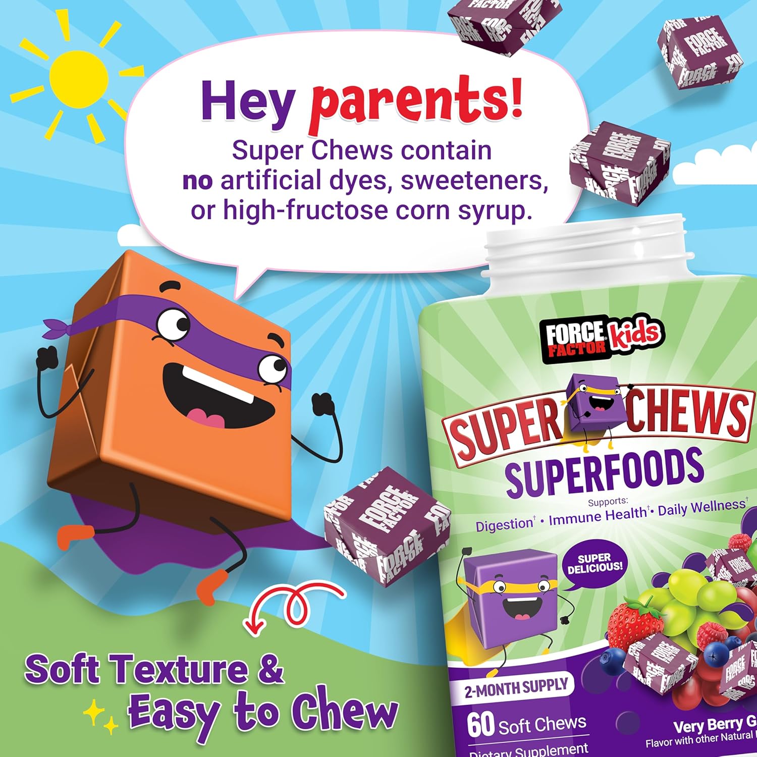 Kids Immune Support Superfood Chews with Vitamins C & D, Antioxidants from Fruits & Veggies, 60 Soft Chews