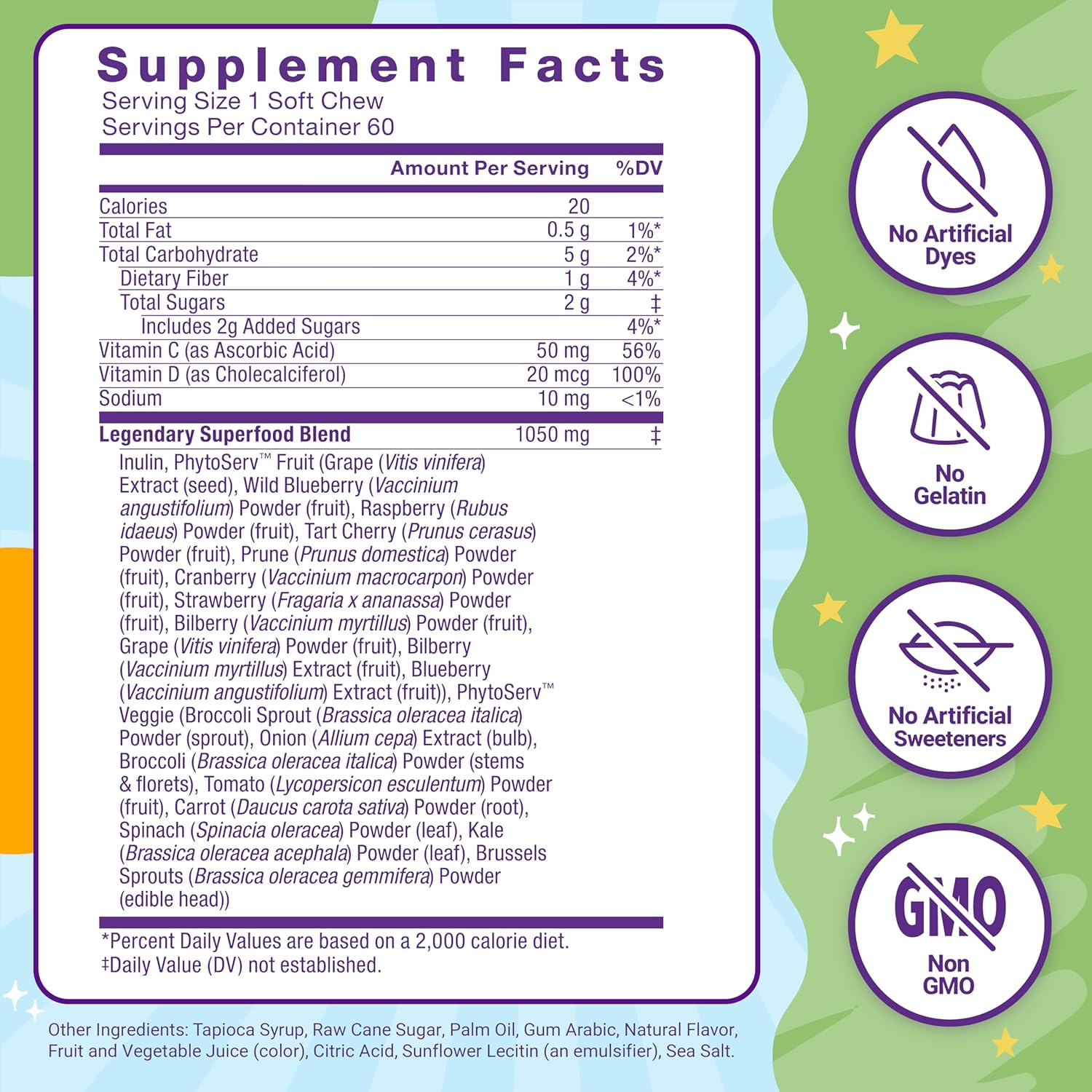 Kids Immune Support Superfood Chews with Vitamins C & D, Antioxidants from Fruits & Veggies, 60 Soft Chews