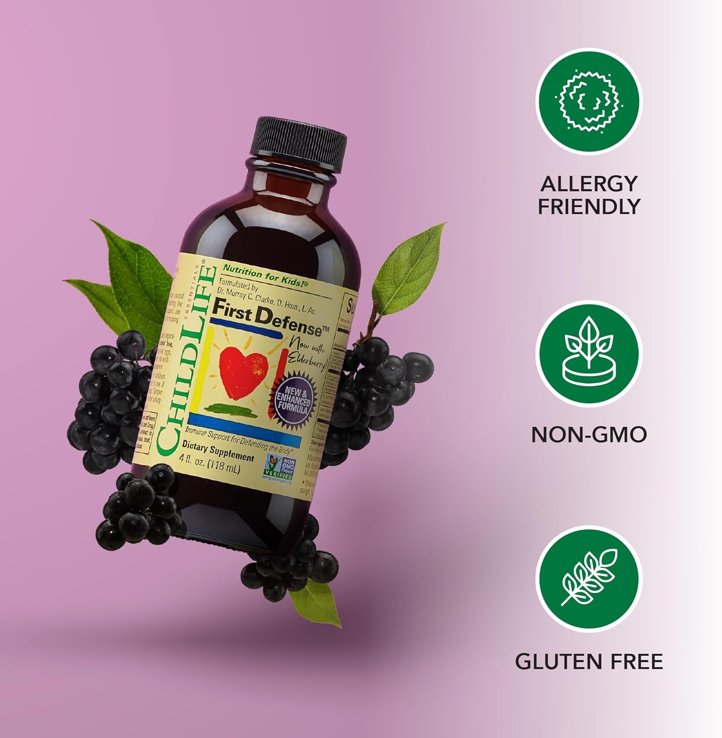 Kids Immune Support Syrup with Elderberry & Zinc - ChildLife Essentials First Defense for Toddlers 1-3, Babies 6 Months+, Non GMO & Gluten Free - 4 Fl Oz
