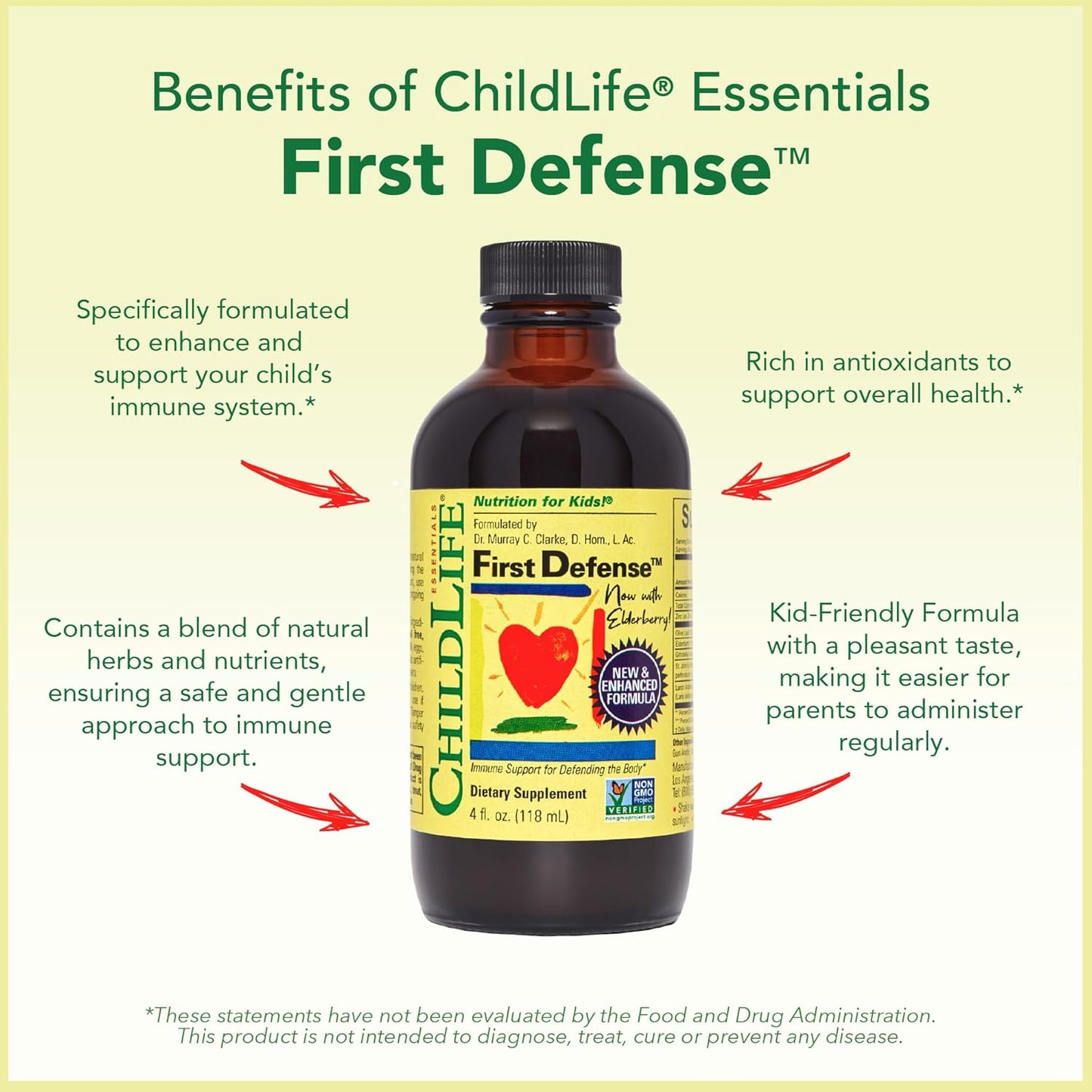 Kids Immune Support Syrup with Elderberry & Zinc - ChildLife Essentials First Defense for Toddlers 1-3, Babies 6 Months+, Non GMO & Gluten Free - 4 Fl Oz