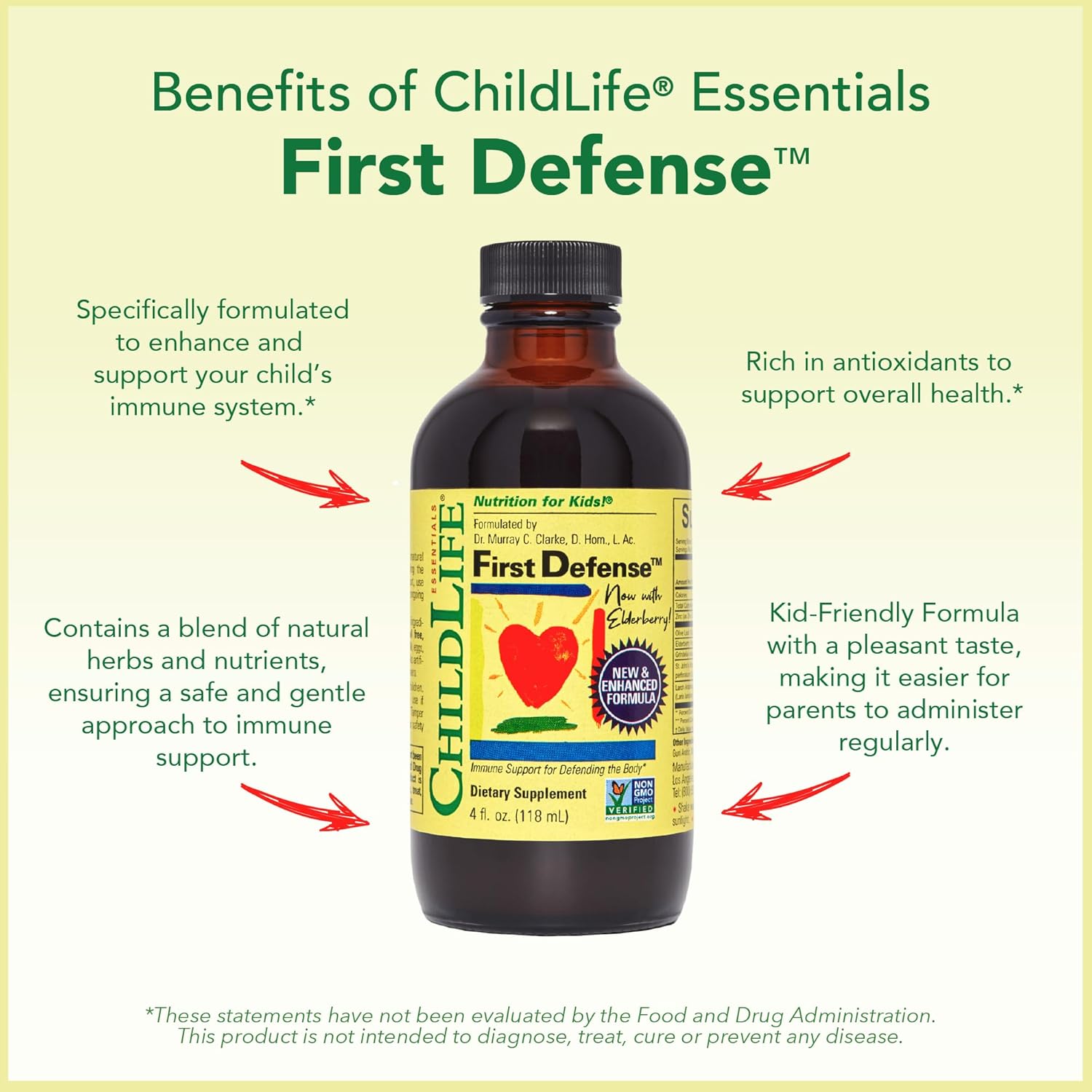 Kids Immune Support Syrup with Elderberry & Zinc - ChildLife Essentials First Defense for Toddlers 1-3, Babies 6 Months+, Non GMO & Gluten Free - 4 Fl Oz
