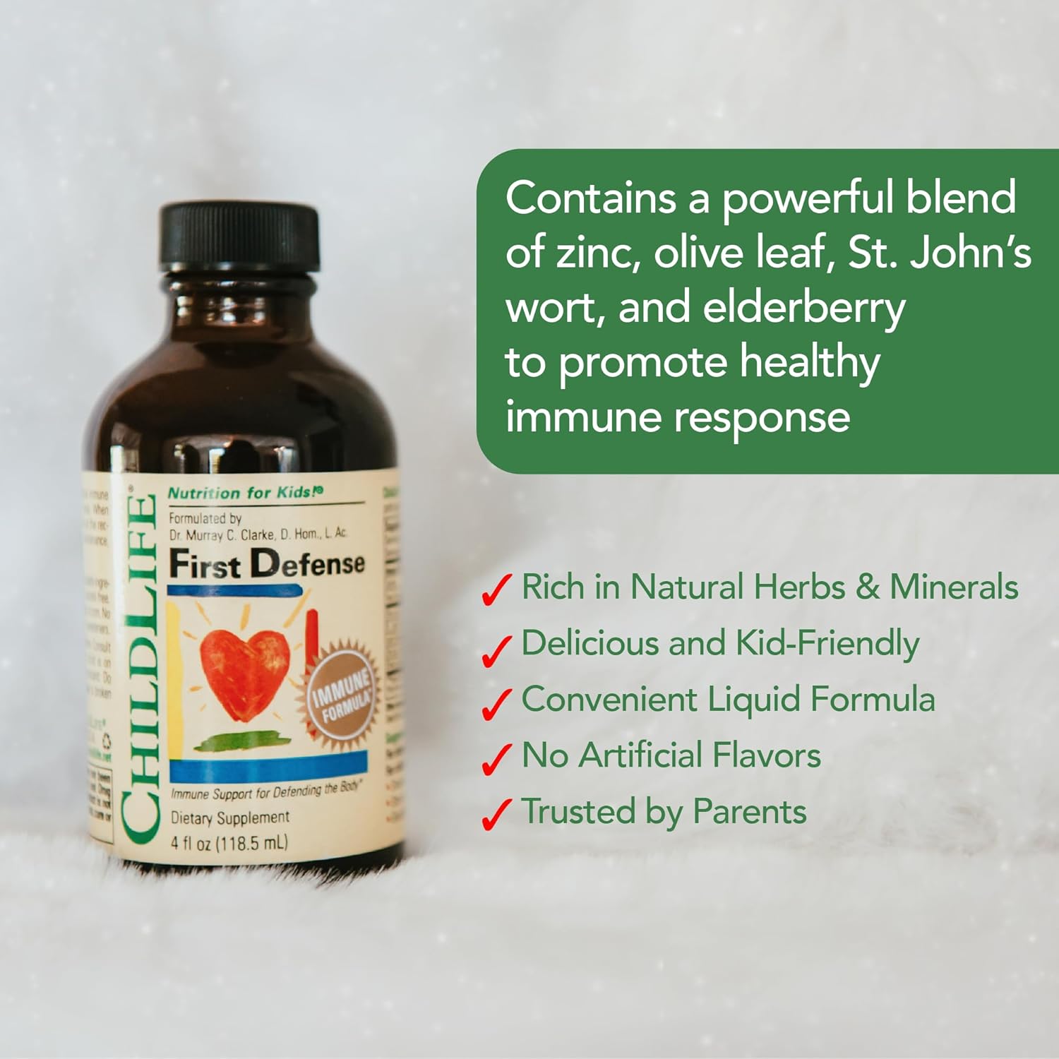 Kids Immune Support Syrup with Elderberry & Zinc - ChildLife Essentials First Defense for Toddlers 1-3, Babies 6 Months+, Non GMO & Gluten Free - 4 Fl Oz