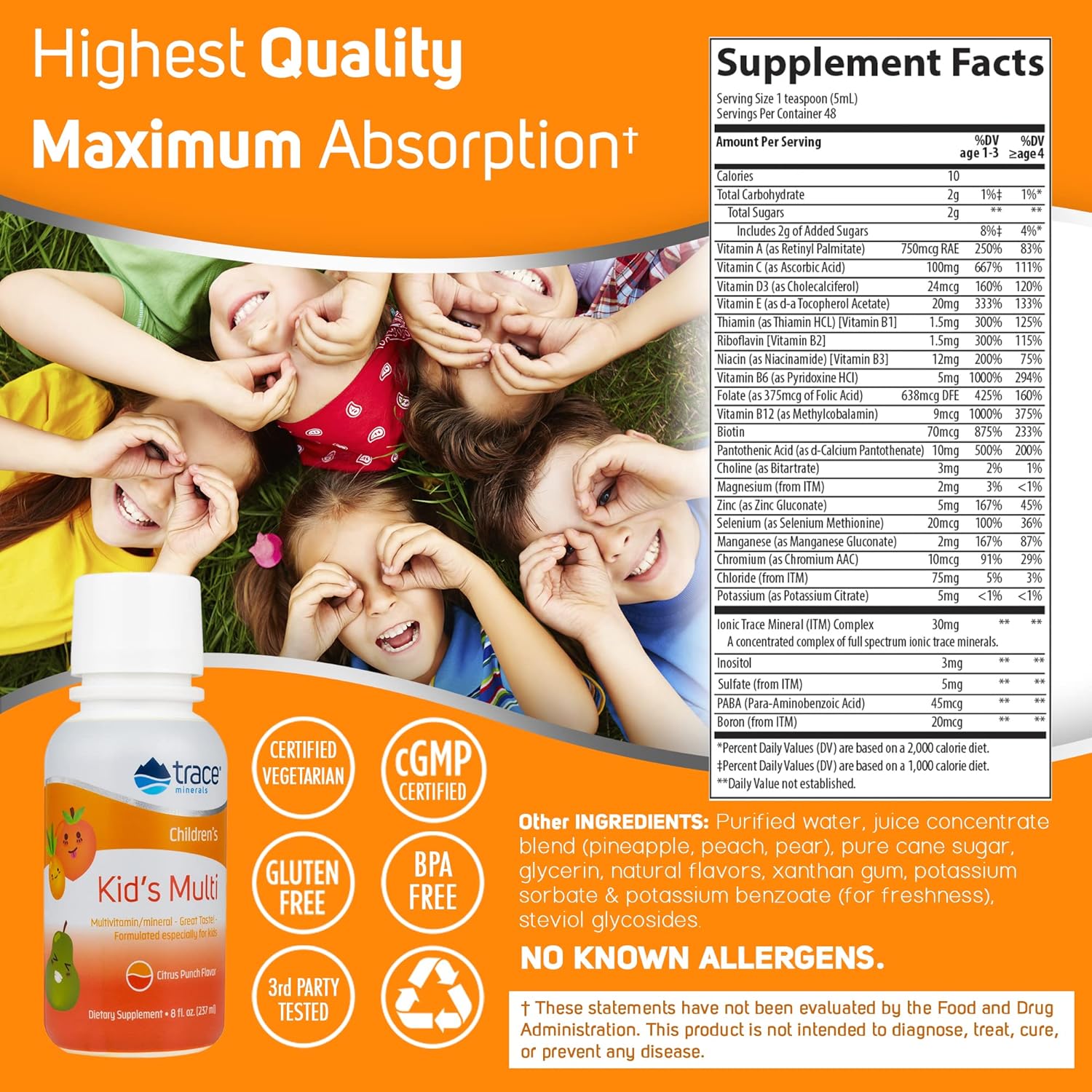 Kid's Liquid Multivitamin with Trace Minerals, Vitamin C, Zinc | Supports Healthy Bones & Immunity | Natural Citrus Flavor | 96 Servings, 8 fl oz (2 Pack)
