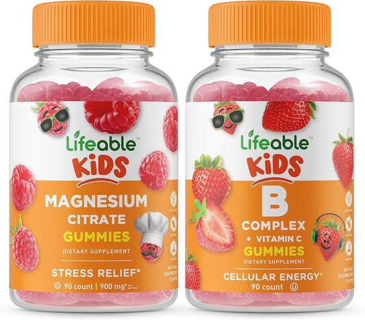 Kids Magnesium and B Complex Gummies Bundle - Delicious Chewable Vitamin Supplement, Gluten-Free, GMO-Free - Lifeable