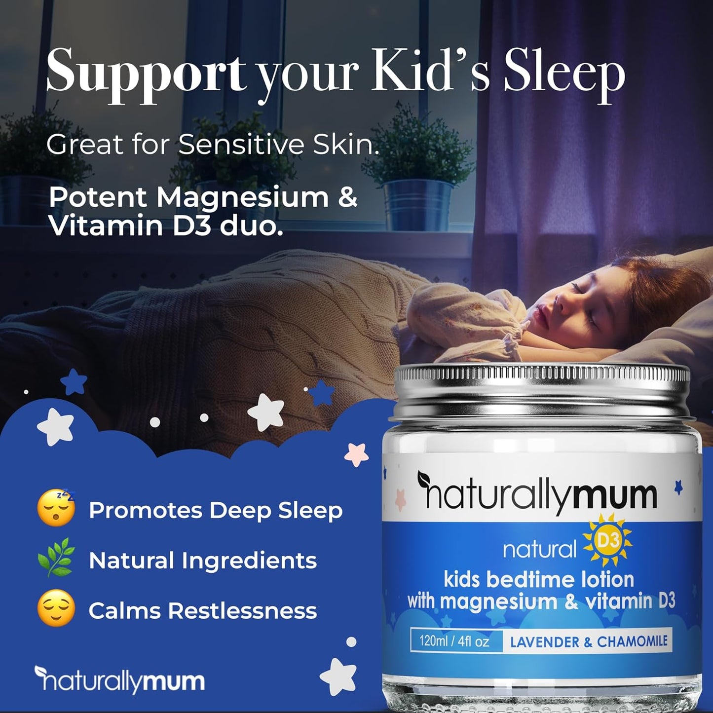 Kids Magnesium Bedtime Lotion with Vitamin D | Sleep Support for Children | Heart, Bone, Nerve, Gut, Muscle Health | Lavender & Chamomile 4.2 fl oz