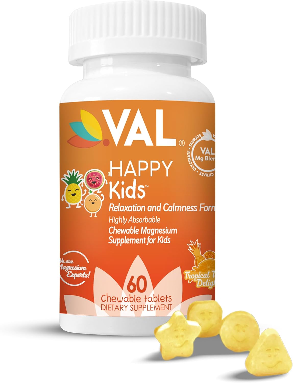 Kids Magnesium Chewable Tablets | Magnesium Glycinate, Citrate & Taurate with Vitamin B6, D & C | Calm, Relaxation & Focus Support | Sugar-Free & Non-GMO | 60 Tablets