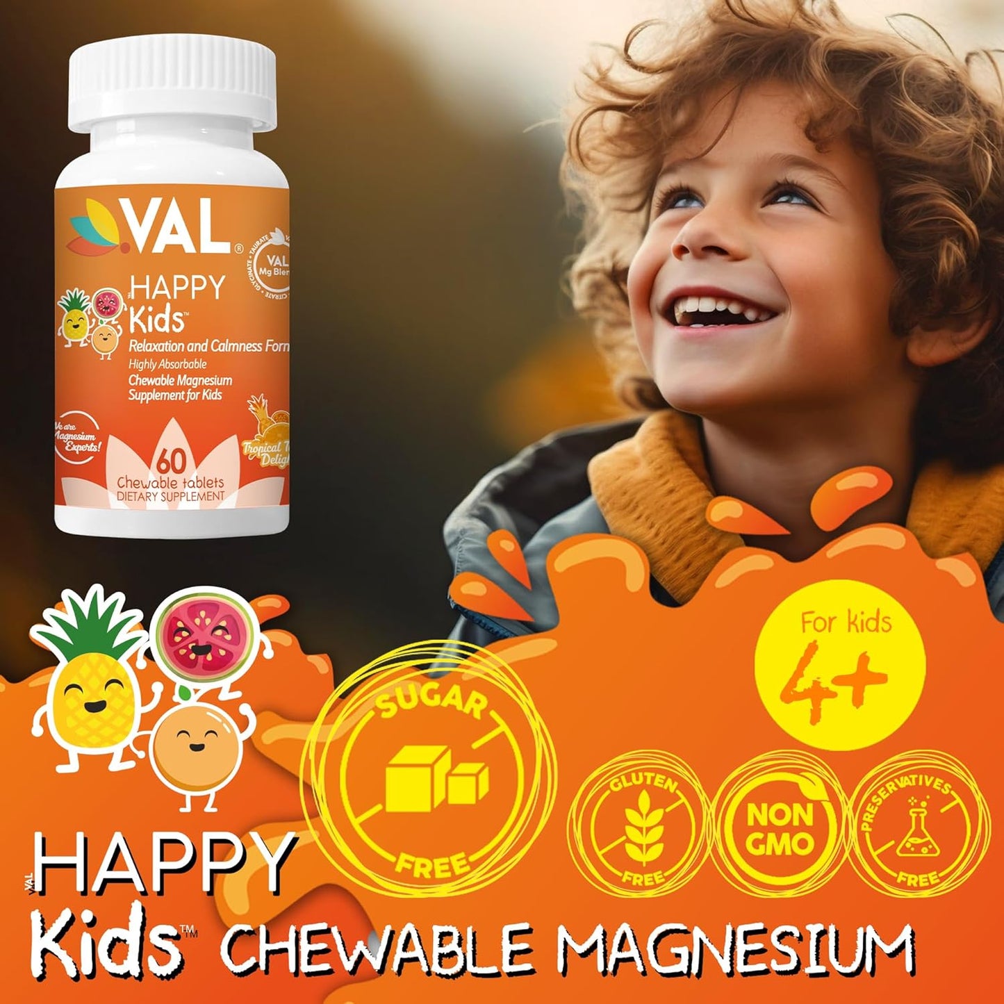 Kids Magnesium Chewable Tablets | Magnesium Glycinate, Citrate & Taurate with Vitamin B6, D & C | Calm, Relaxation & Focus Support | Sugar-Free & Non-GMO | 60 Tablets