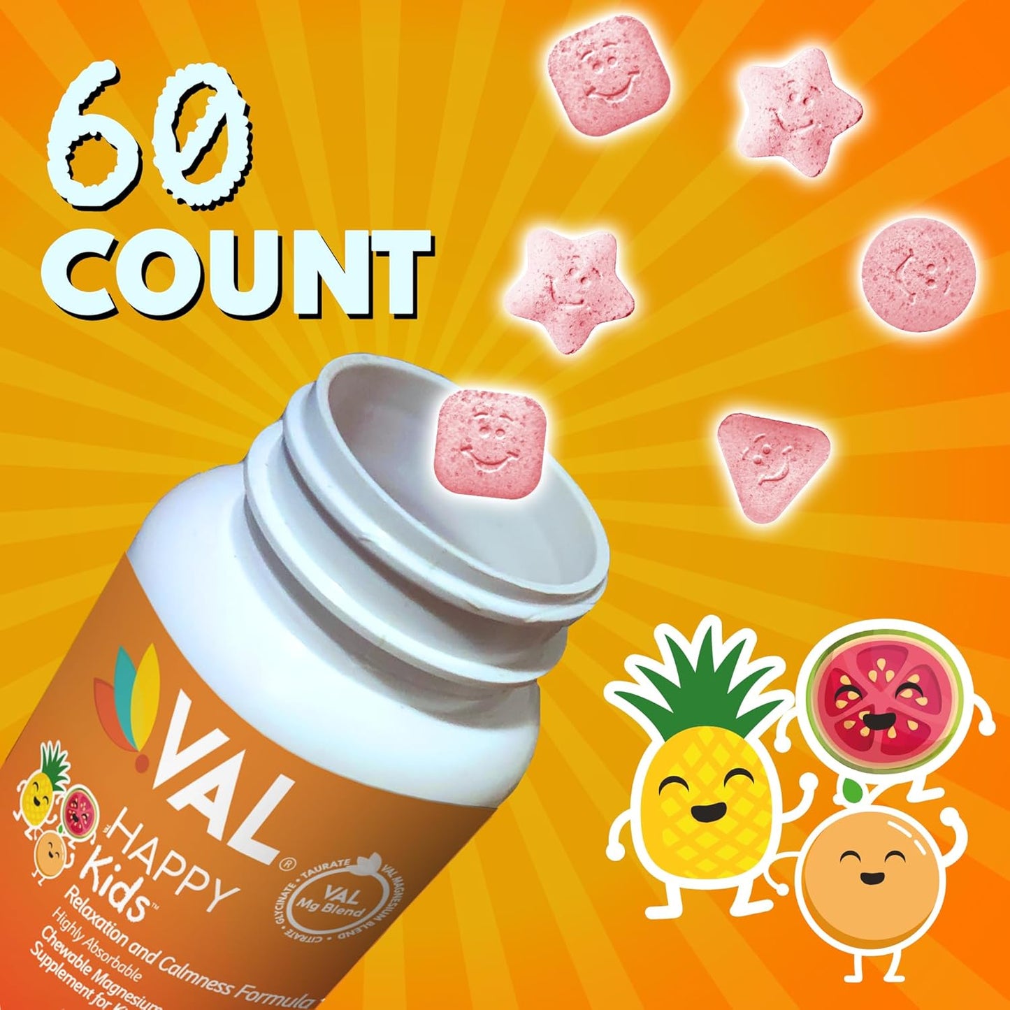 Kids Magnesium Chewable Tablets | Magnesium Glycinate, Citrate & Taurate with Vitamin B6, D & C | Calm, Relaxation & Focus Support | Sugar-Free & Non-GMO | 60 Tablets