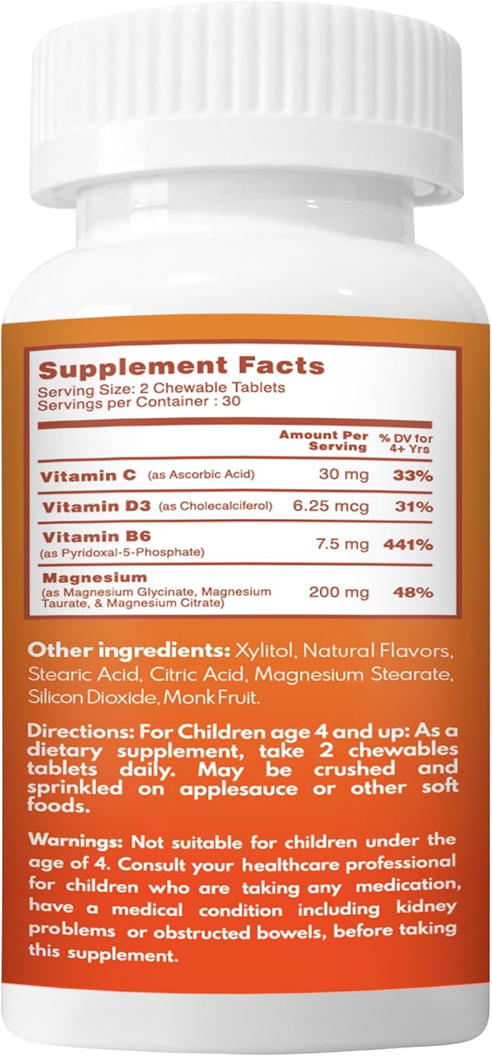 Kids Magnesium Chewable Tablets | Magnesium Glycinate, Citrate & Taurate with Vitamin B6, D & C | Calm, Relaxation & Focus Support | Sugar-Free & Non-GMO | 60 Tablets