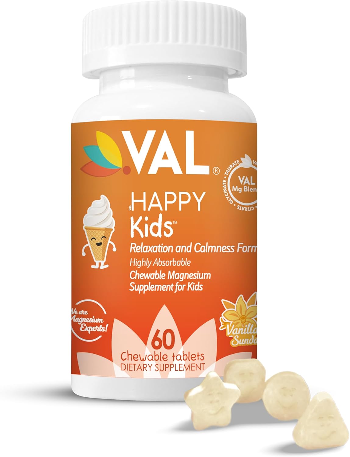 Kids Magnesium Chewable Tablets | Promotes Calm, Relaxation & Focus | Magnesium Glycinate, Citrate & Taurate | With Vitamin B6, D & C | Vanilla Flavor | Non-GMO & Sugar-Free | 60 Count