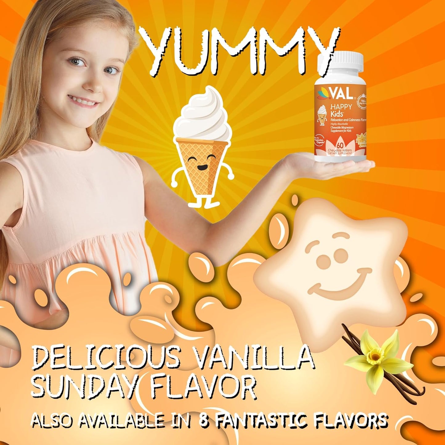 Kids Magnesium Chewable Tablets | Promotes Calm, Relaxation & Focus | Magnesium Glycinate, Citrate & Taurate | With Vitamin B6, D & C | Vanilla Flavor | Non-GMO & Sugar-Free | 60 Count