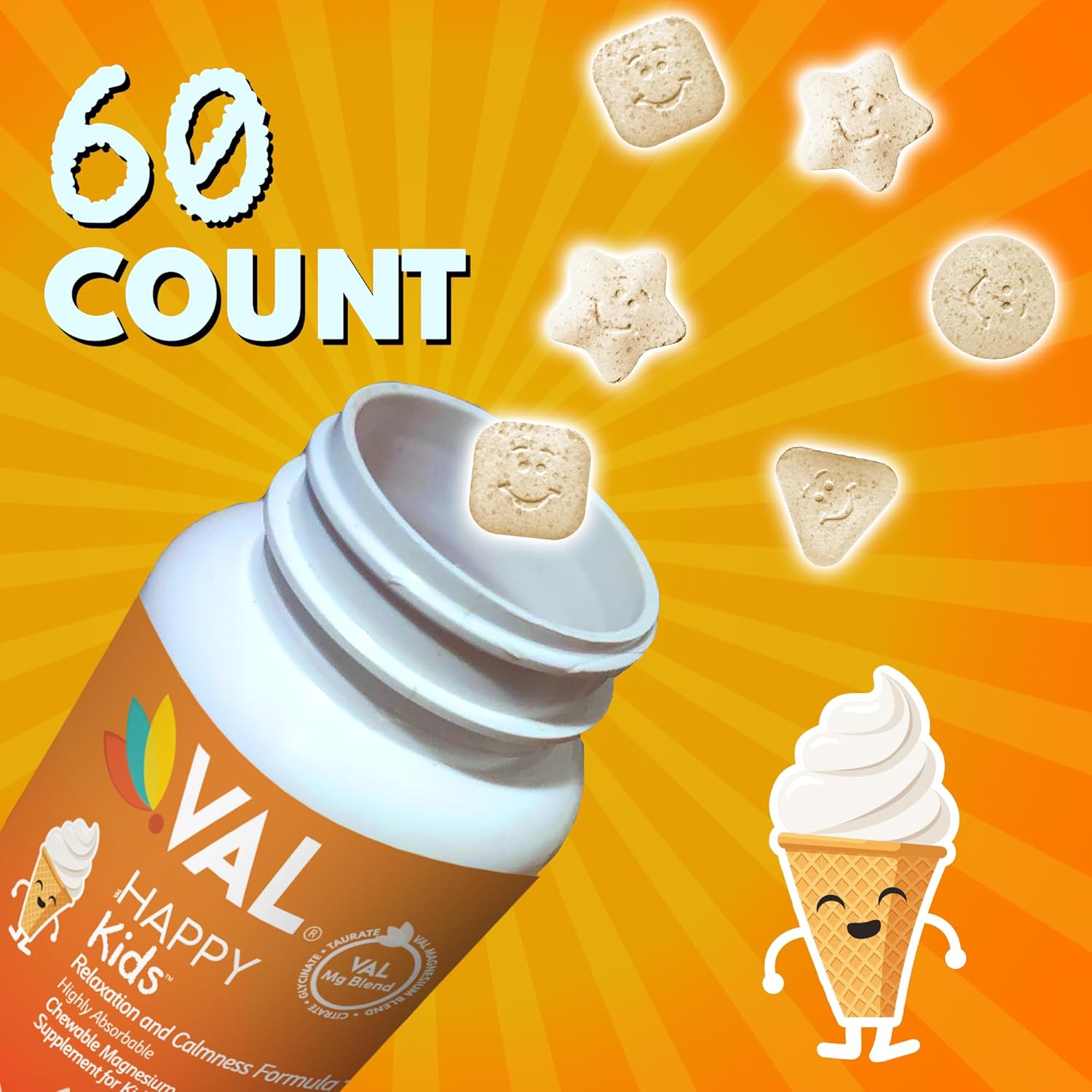 Kids Magnesium Chewable Tablets | Promotes Calm, Relaxation & Focus | Magnesium Glycinate, Citrate & Taurate | With Vitamin B6, D & C | Vanilla Flavor | Non-GMO & Sugar-Free | 60 Count