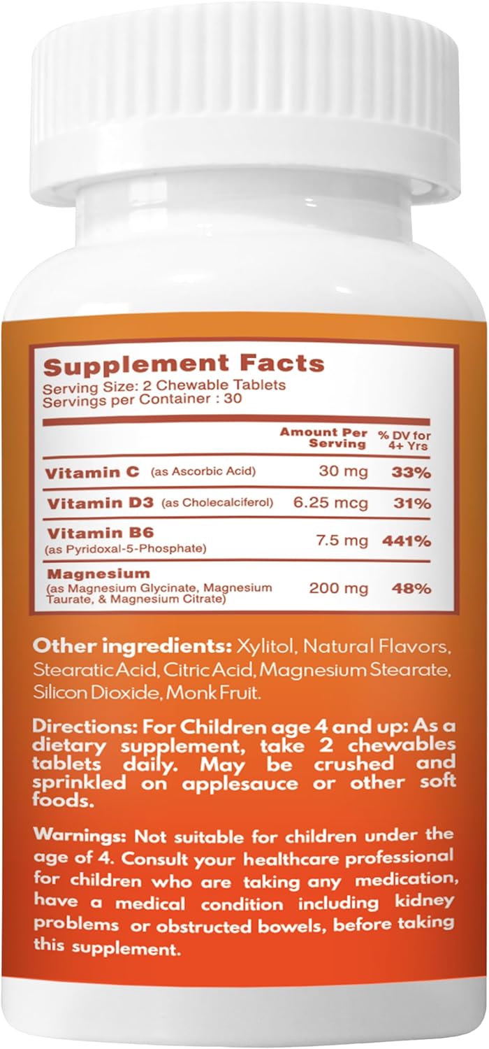 Kids Magnesium Chewable Tablets | Promotes Calm, Relaxation & Focus | Magnesium Glycinate, Citrate & Taurate | With Vitamin B6, D & C | Vanilla Flavor | Non-GMO & Sugar-Free | 60 Count