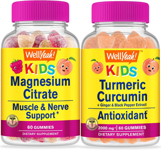Kid's Magnesium Citrate and Turmeric Curcumin Gummy Bundle - Tasty Vitamin Supplement, Gluten-Free, Non-GMO Chewables