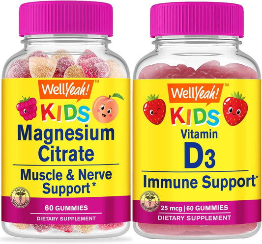 Kids Magnesium Citrate and Vitamin D3 Gummies Bundle - Gluten Free and GMO Free Chewable Vitamins for Children